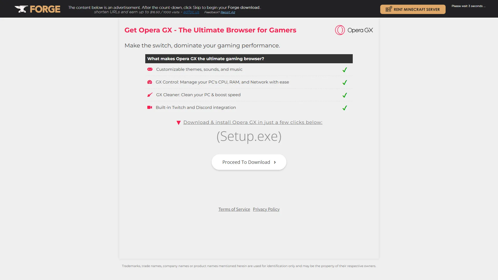 AdFoc.usのサイトのスクリーンショット 大部分を占める広告と、右上に「Please wait 3 seconds…」の文字